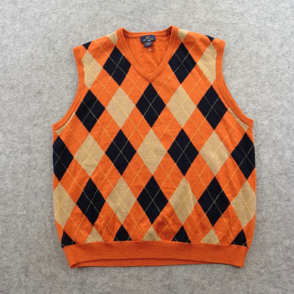 346 Brooks Brothers Sweater Vest Mens Extra Large Orange Wool Argyle V-Neck Golf